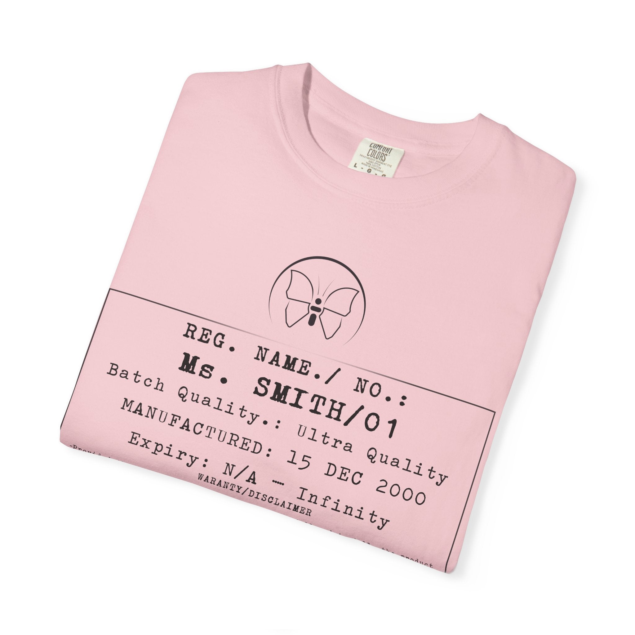 Front Print Personalised Details Stamp (Manufacturing Details Imitation) With Butterfly Logo T-Shirt