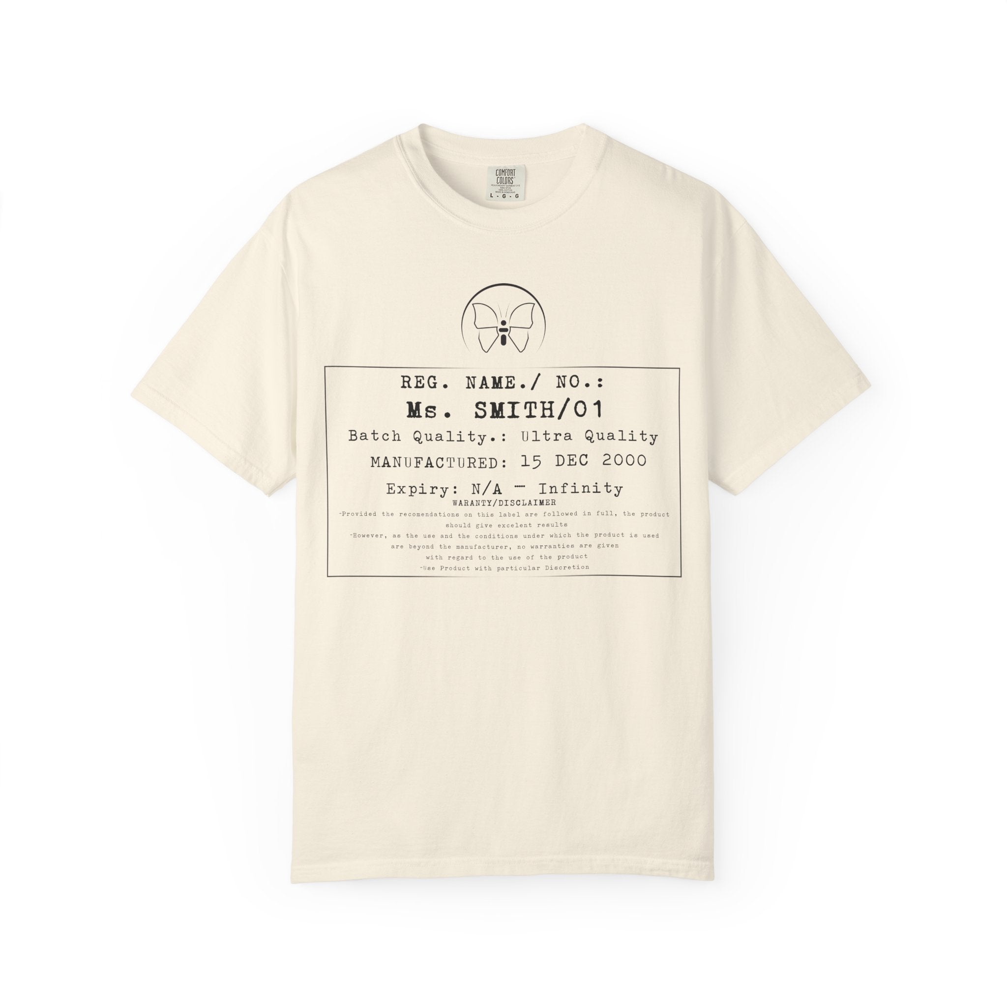 Front Print Personalised Details Stamp (Manufacturing Details Imitation) With Butterfly Logo T-Shirt