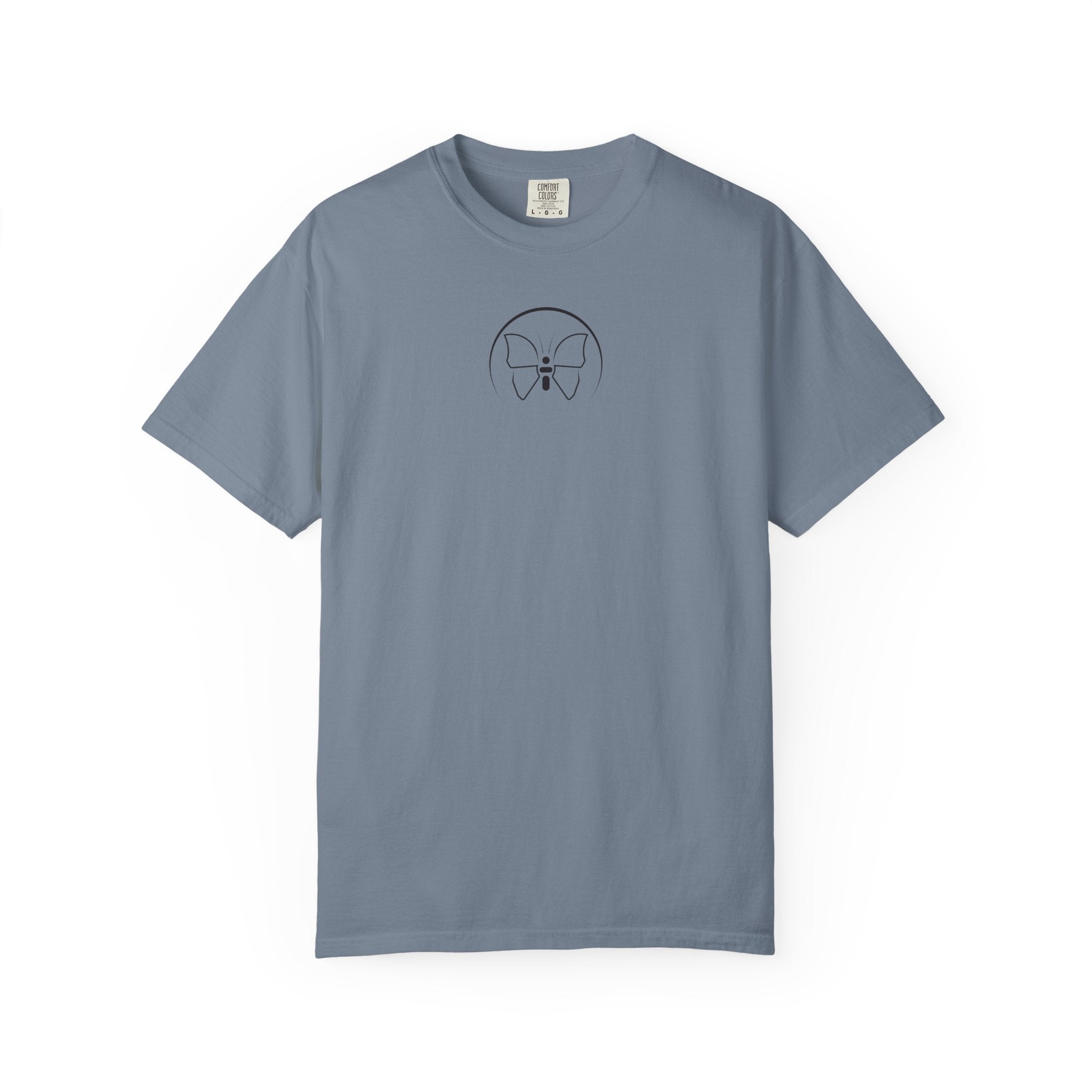 Back Print Personalised Details Stamp (Manufacturing Details Imitation) With Butterfly Logo T-Shirt