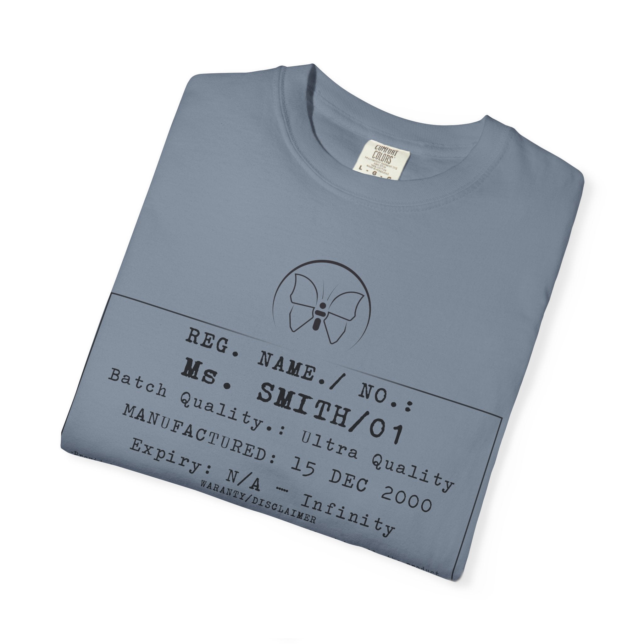 Front Print Personalised Details Stamp (Manufacturing Details Imitation) With Butterfly Logo T-Shirt