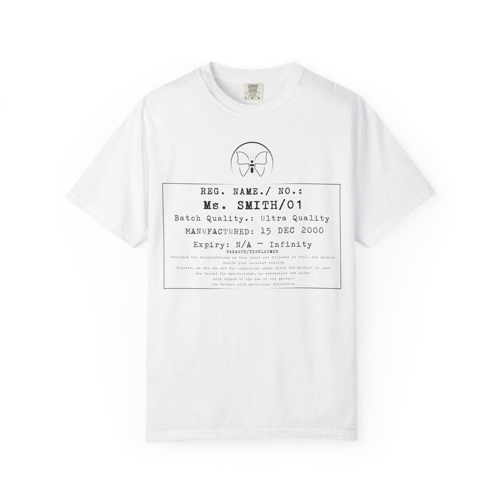 Front Print Personalised Details Stamp (Manufacturing Details Imitation) With Butterfly Logo T-Shirt