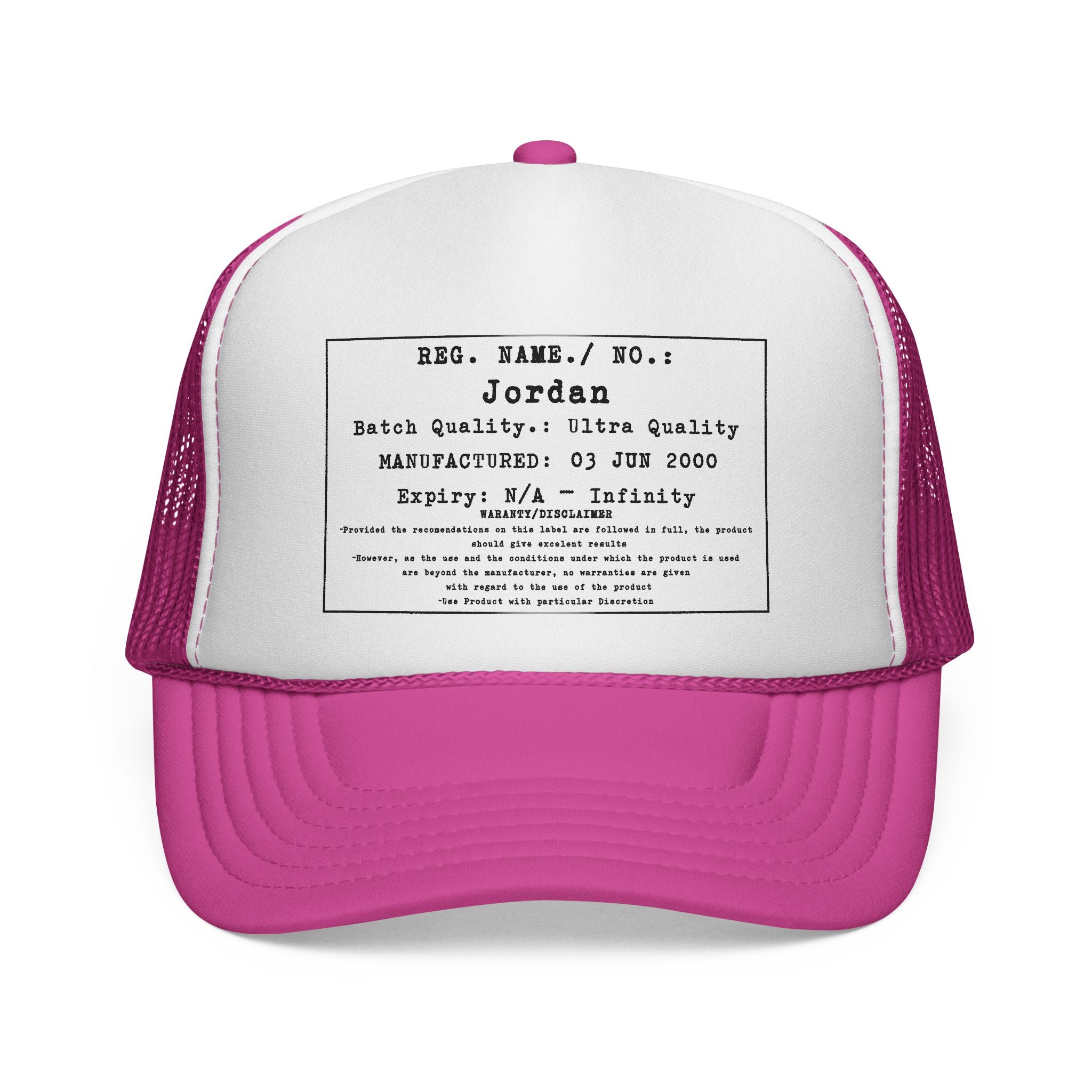Personalised Details Stamp (Manufacturing Details Imitation) With Warranty Disclaimer Trucker Cap