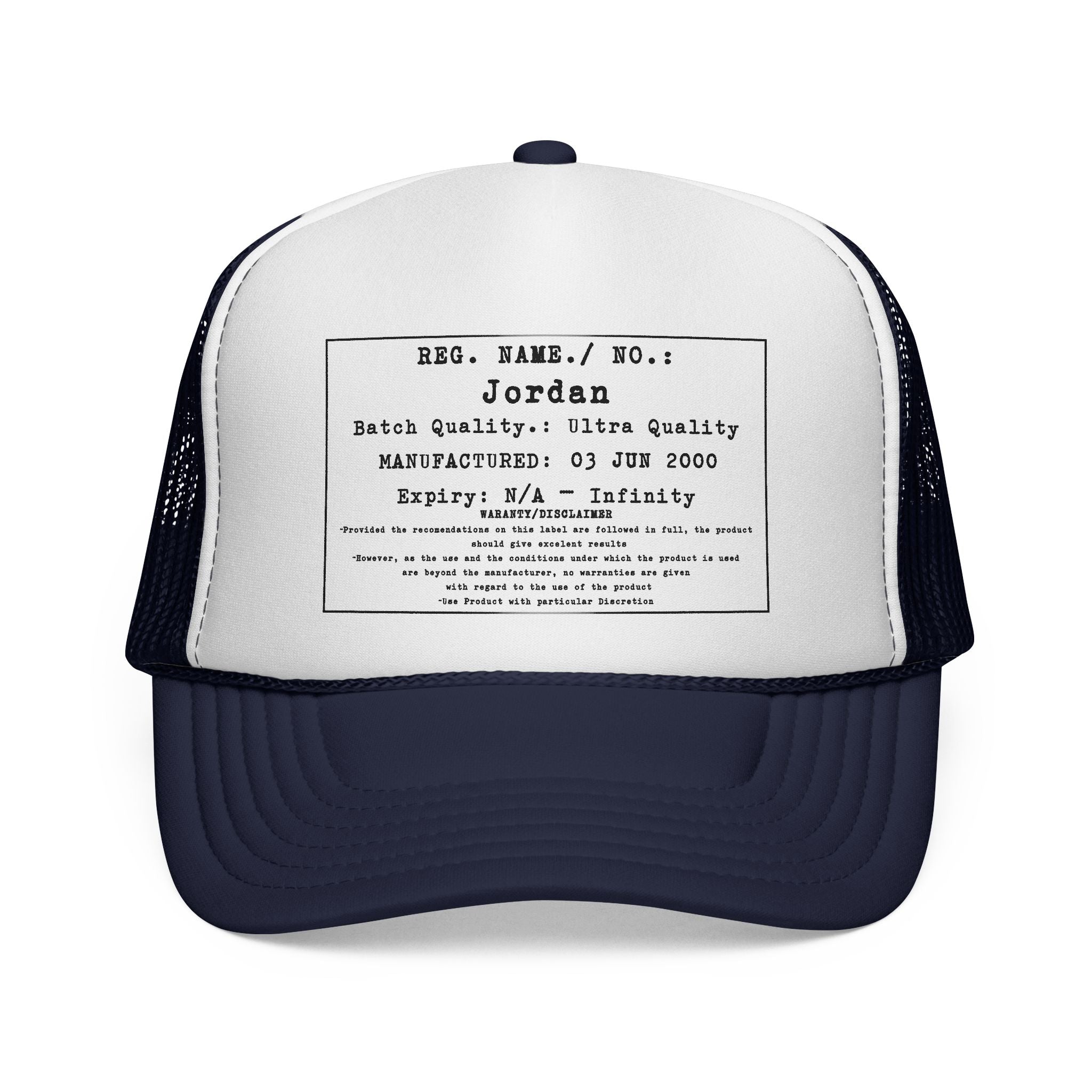 Personalised Details Stamp (Manufacturing Details Imitation) With Warranty Disclaimer Trucker Cap