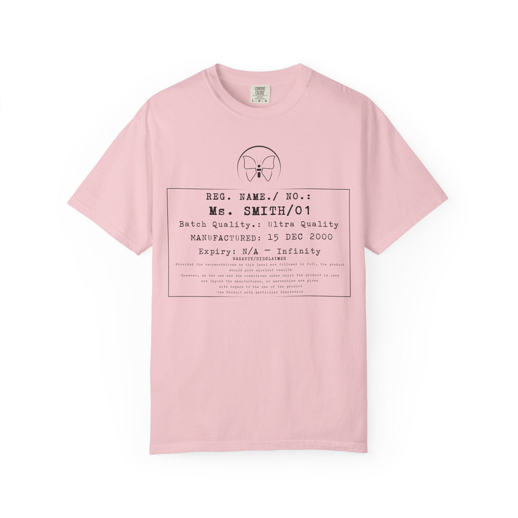 Front Print Personalised Details Stamp (Manufacturing Details Imitation) With Butterfly Logo T-Shirt