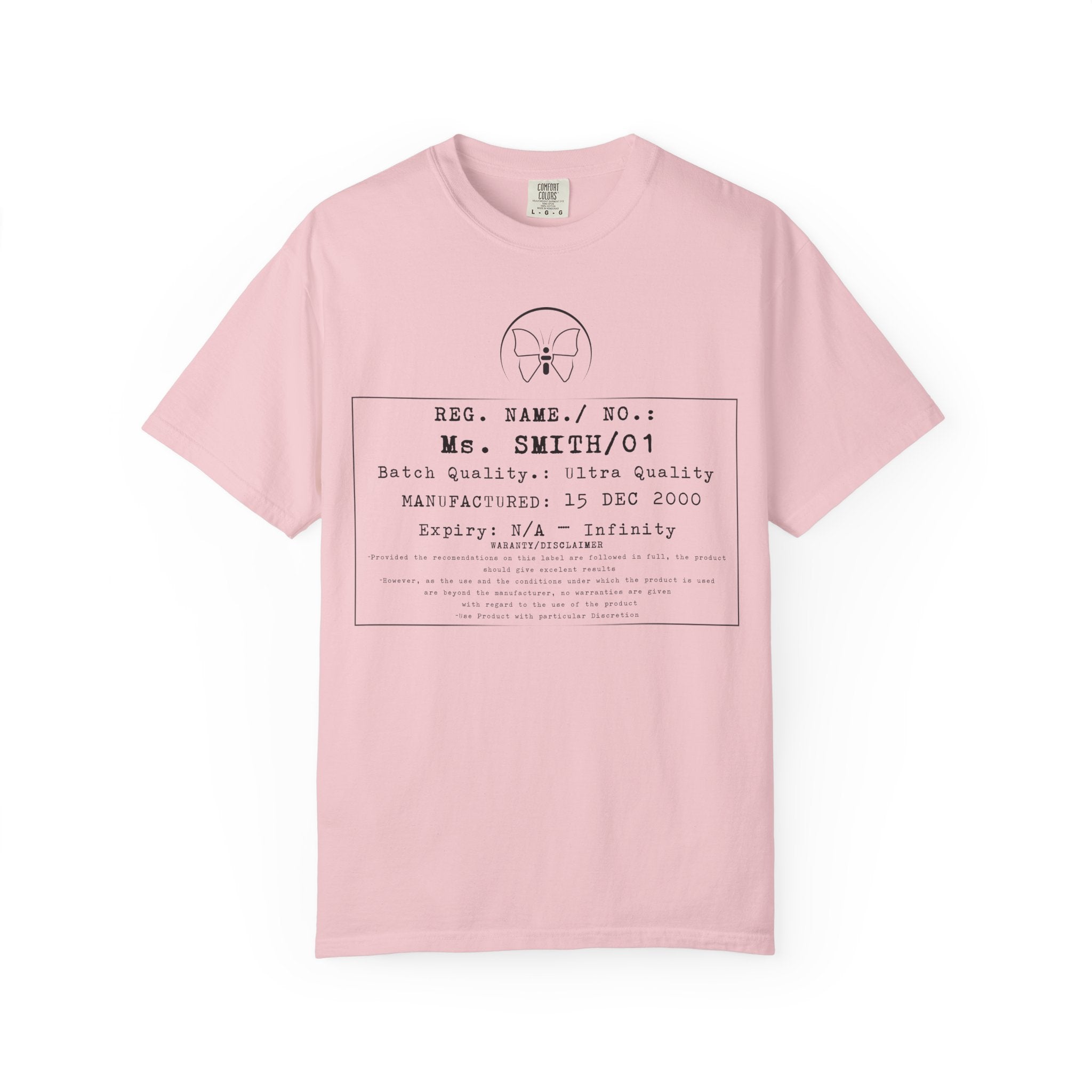 Front Print Personalised Details Stamp (Manufacturing Details Imitation) With Butterfly Logo T-Shirt