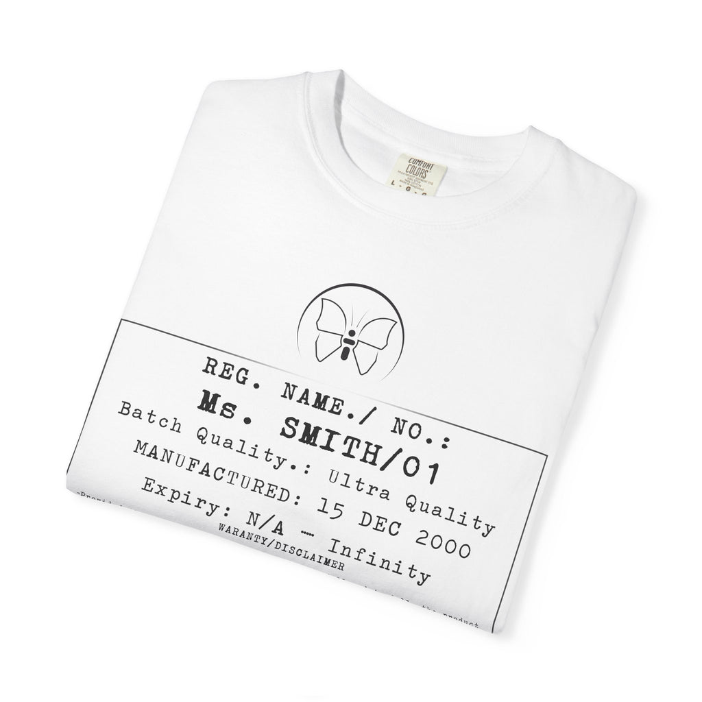 Front Print Personalised Details Stamp (Manufacturing Details Imitation) With Butterfly Logo T-Shirt