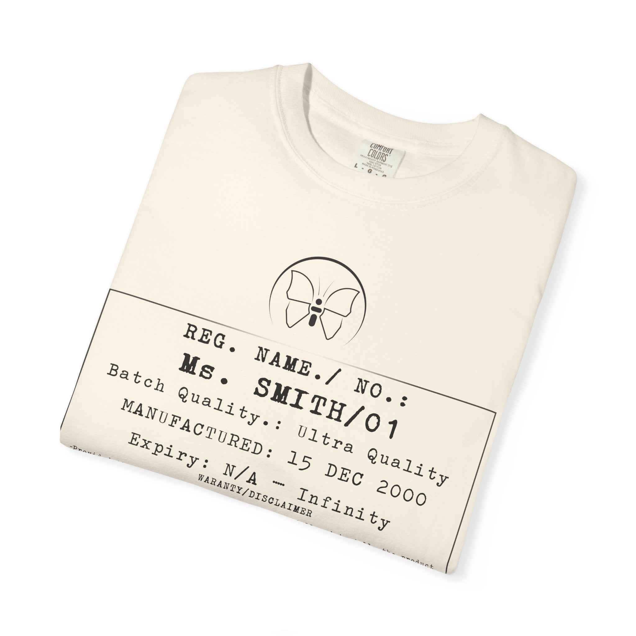 Front Print Personalised Details Stamp (Manufacturing Details Imitation) With Butterfly Logo T-Shirt