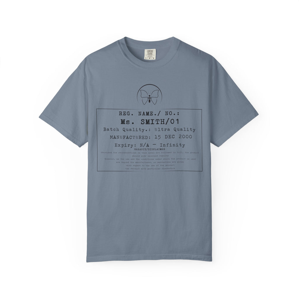 Front Print Personalised Details Stamp (Manufacturing Details Imitation) With Butterfly Logo T-Shirt