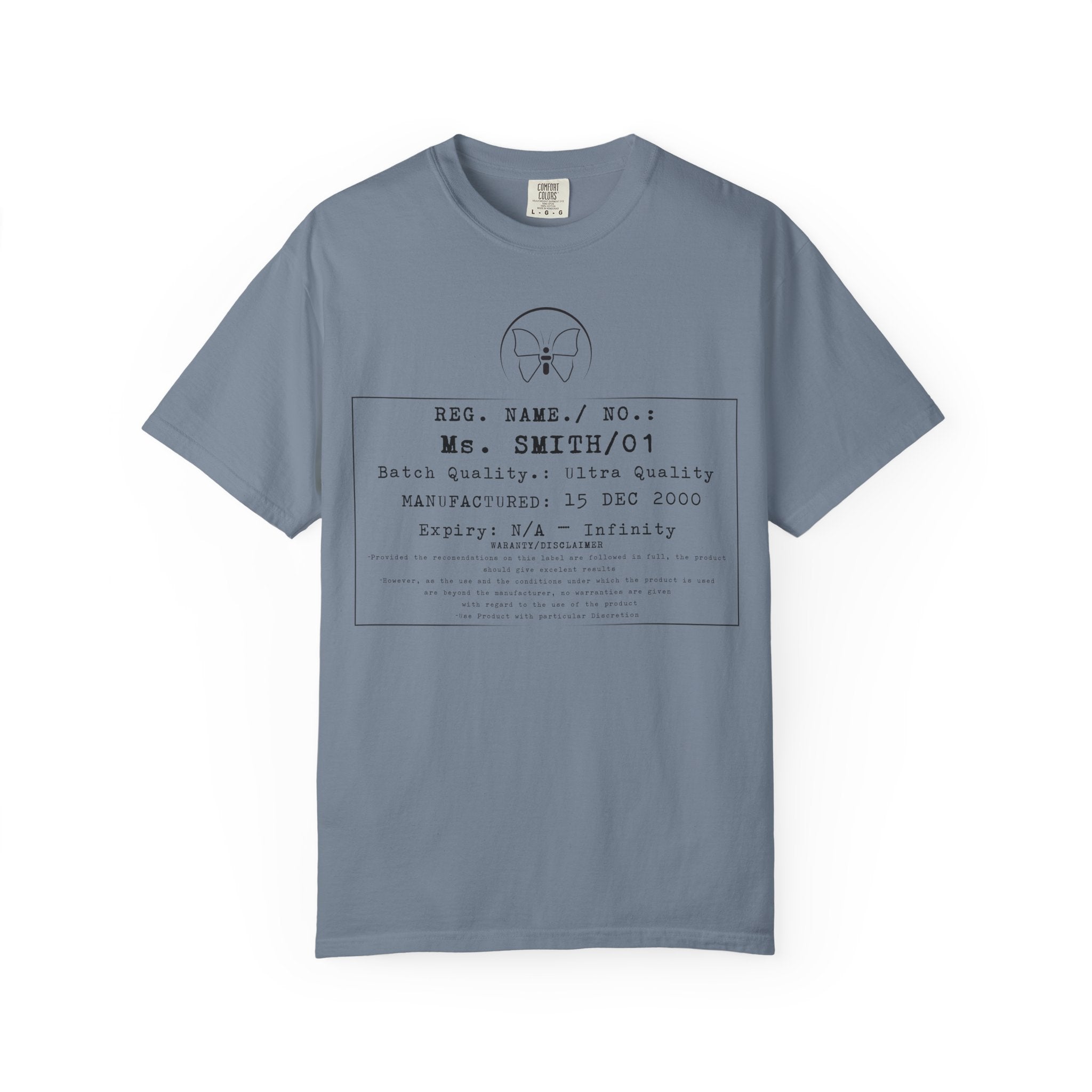 Front Print Personalised Details Stamp (Manufacturing Details Imitation) With Butterfly Logo T-Shirt