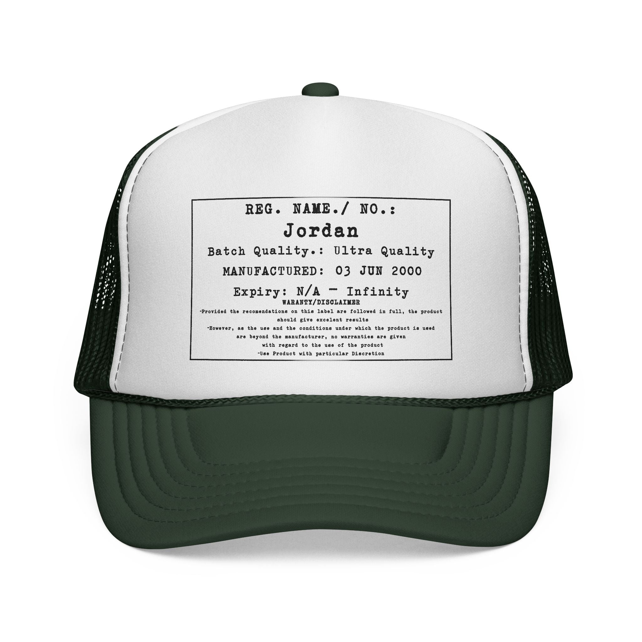 Personalised Details Stamp (Manufacturing Details Imitation) With Warranty Disclaimer Trucker Cap