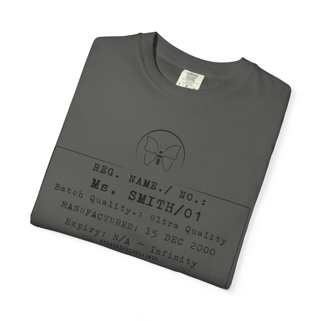Front Print Personalised Details Stamp (Manufacturing Details Imitation) With Butterfly Logo T-Shirt