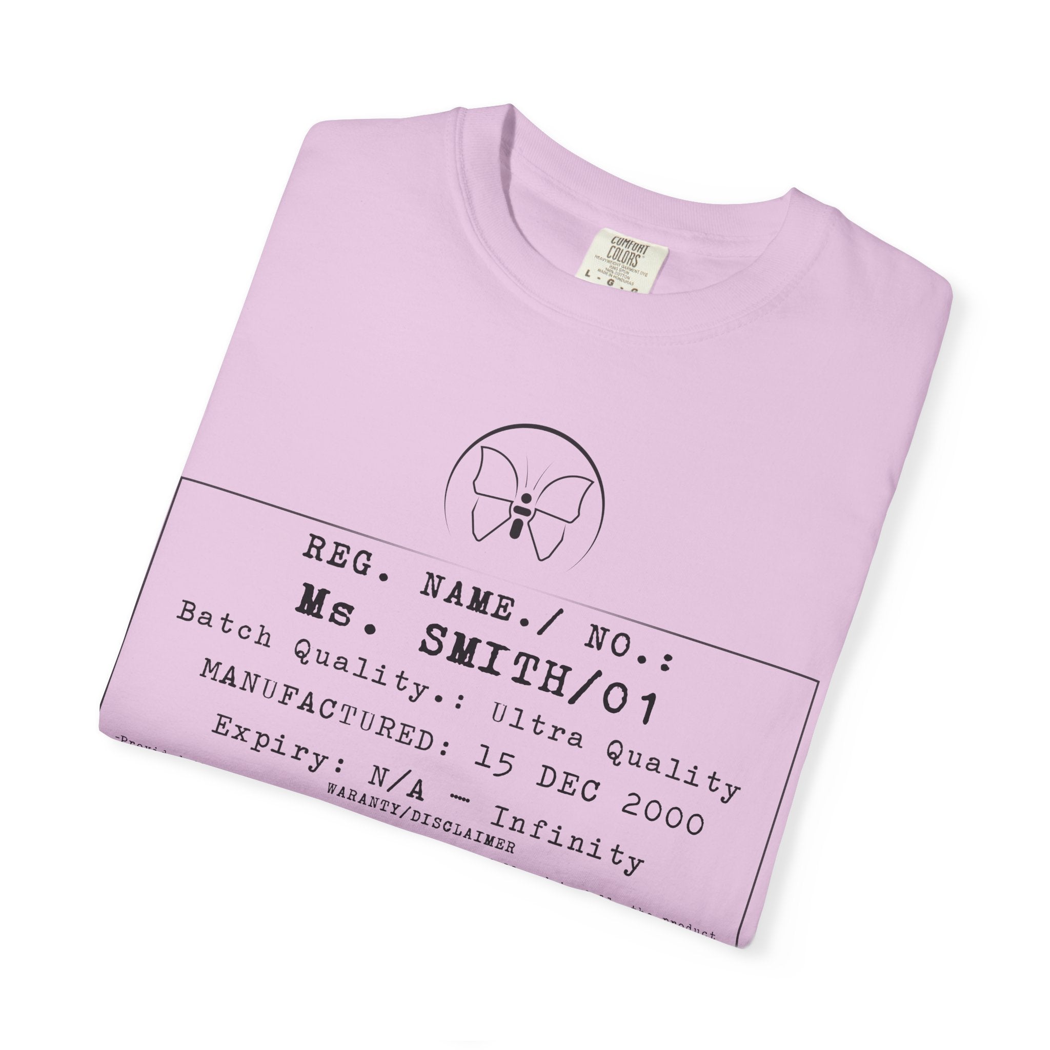 Front Print Personalised Details Stamp (Manufacturing Details Imitation) With Butterfly Logo T-Shirt