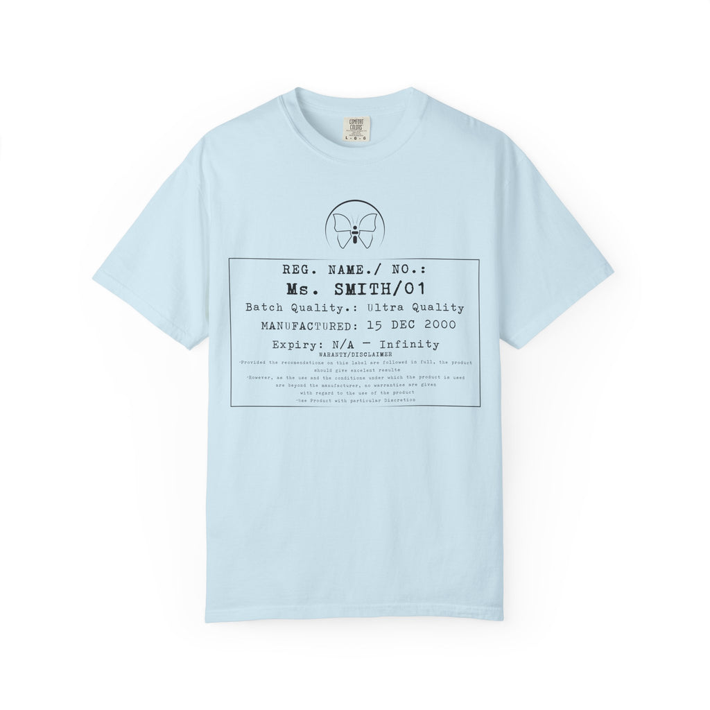 Front Print Personalised Details Stamp (Manufacturing Details Imitation) With Butterfly Logo T-Shirt