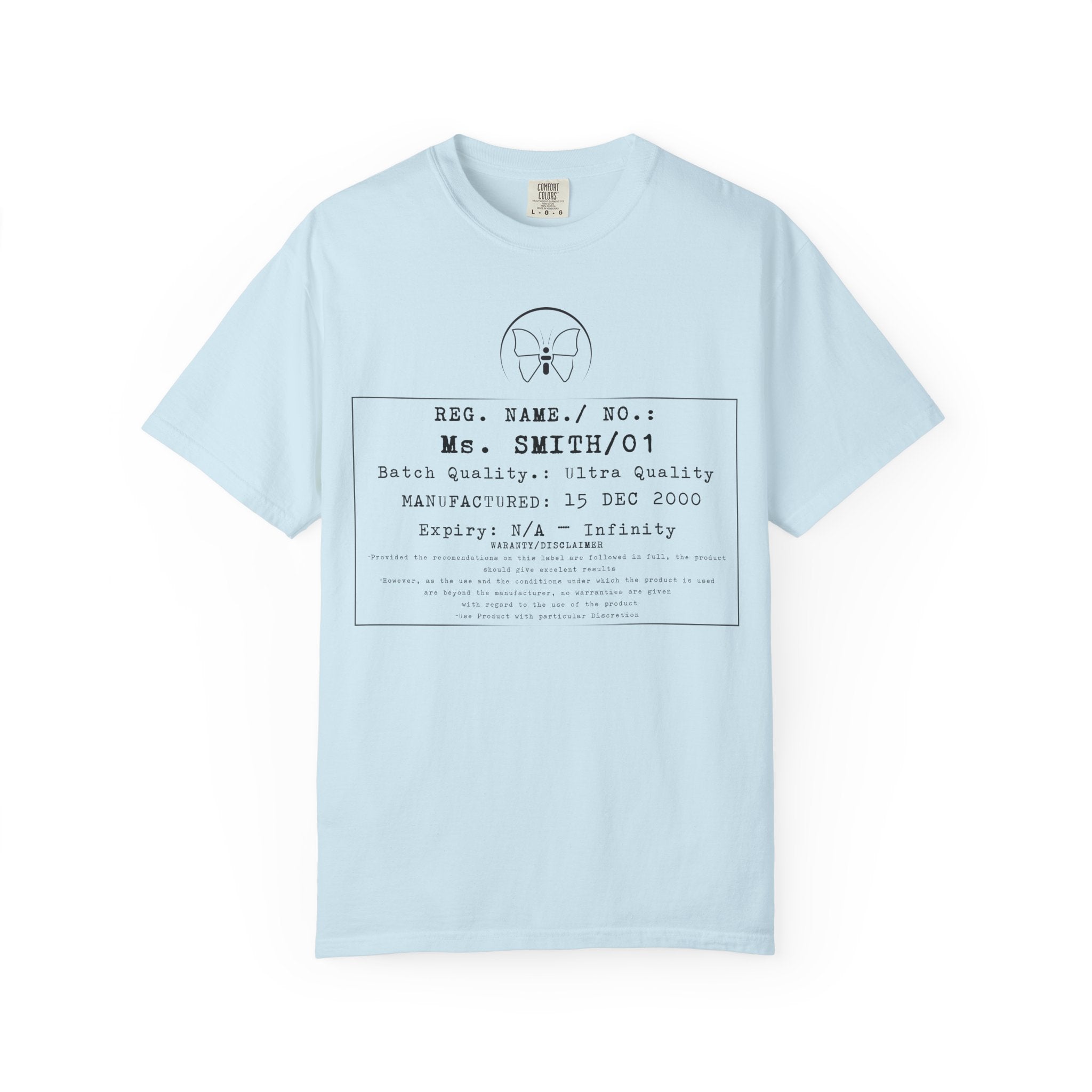 Front Print Personalised Details Stamp (Manufacturing Details Imitation) With Butterfly Logo T-Shirt