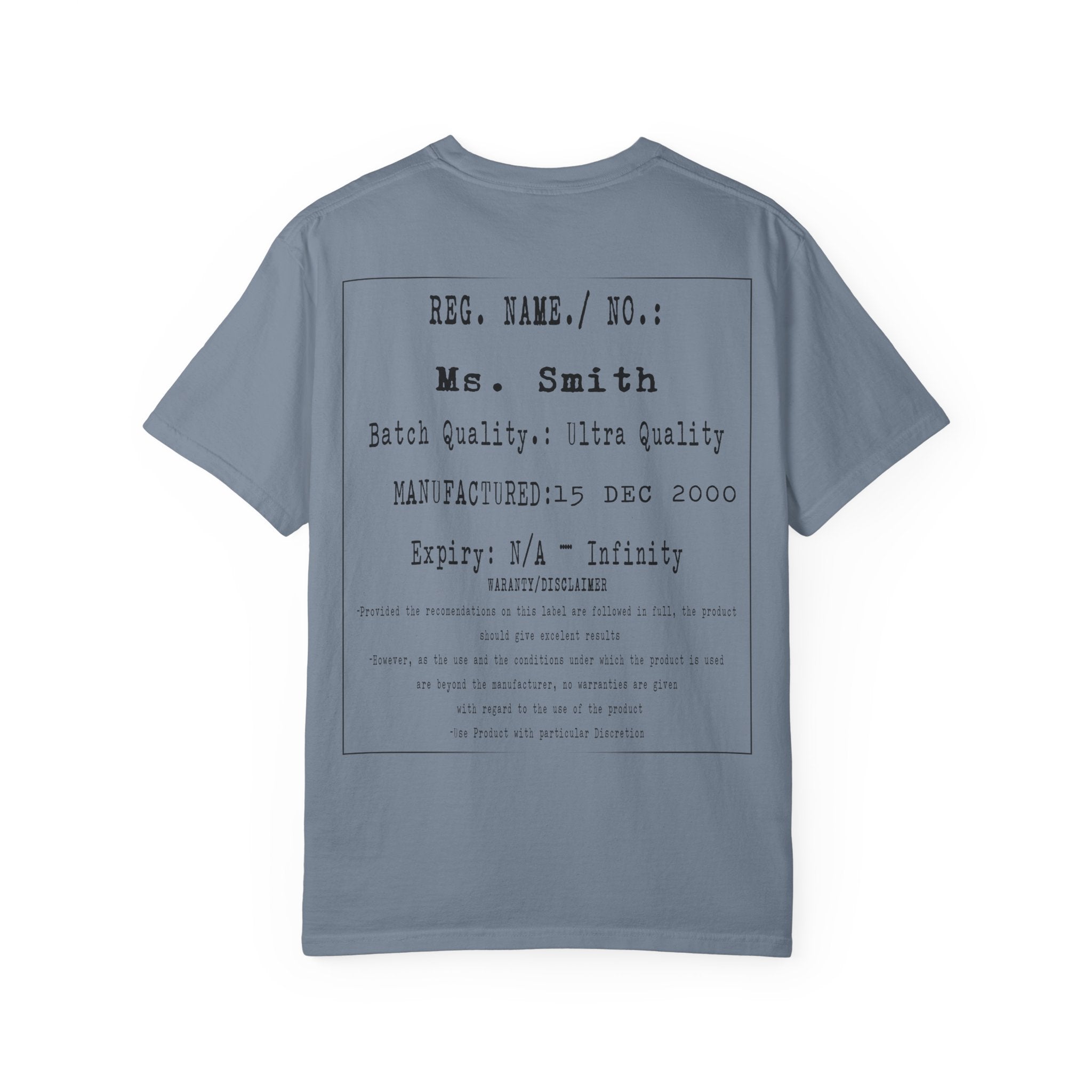 Back Print Personalised Details Stamp (Manufacturing Details Imitation) With Butterfly Logo T-Shirt