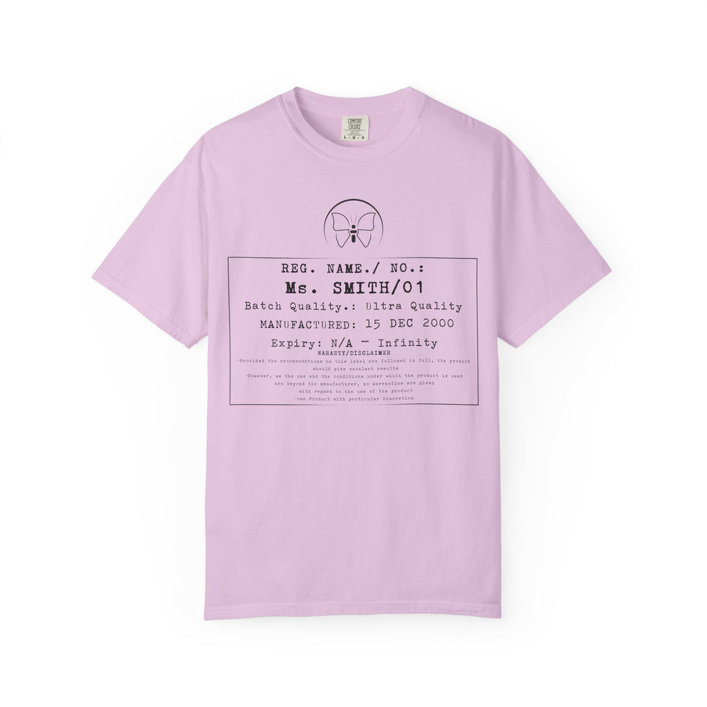 Front Print Personalised Details Stamp (Manufacturing Details Imitation) With Butterfly Logo T-Shirt