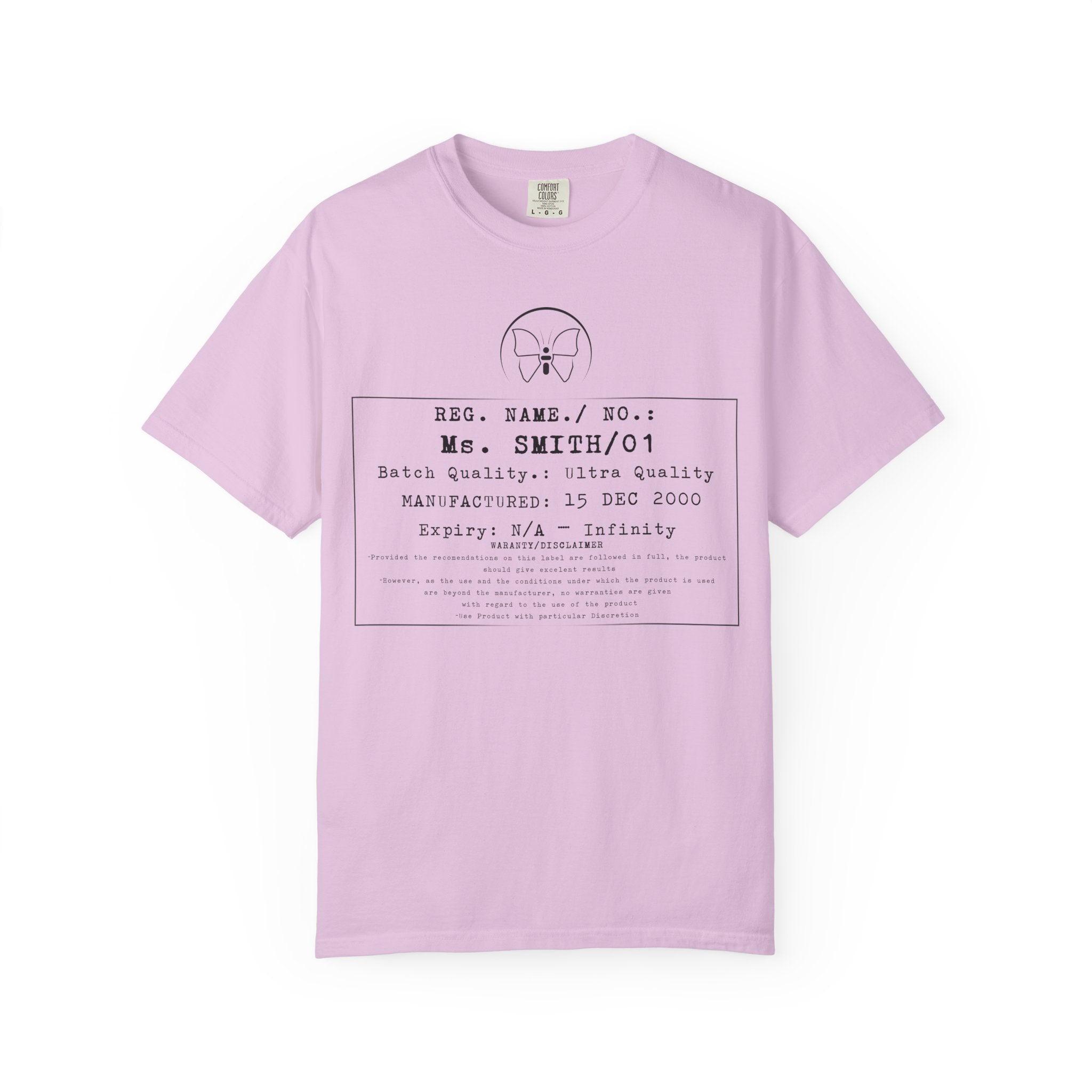 Front Print Personalised Details Stamp (Manufacturing Details Imitation) With Butterfly Logo T-Shirt