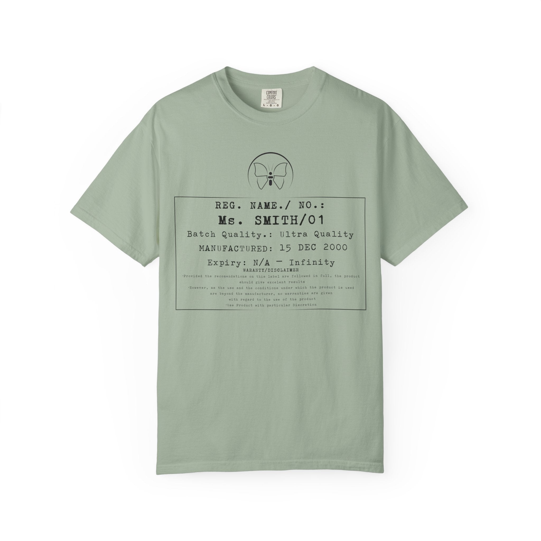 Front Print Personalised Details Stamp (Manufacturing Details Imitation) With Butterfly Logo T-Shirt