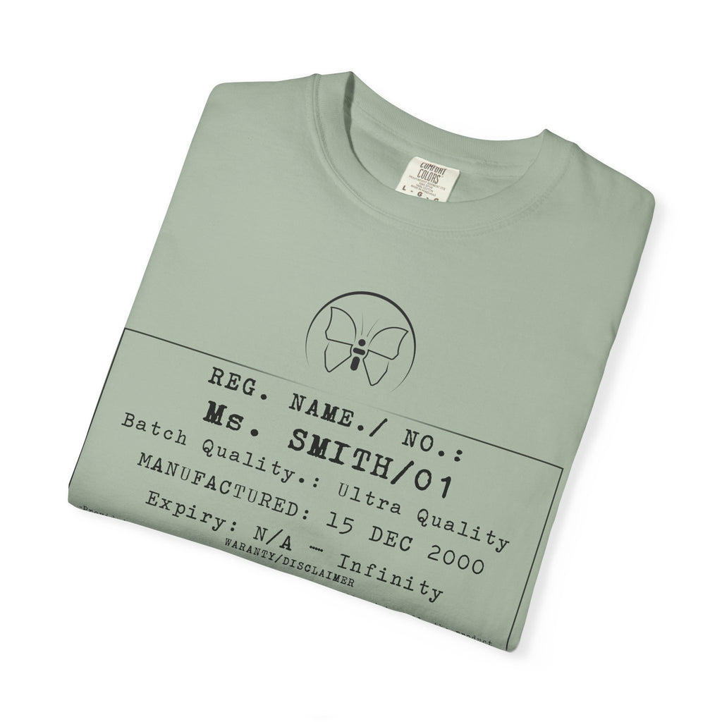 Front Print Personalised Details Stamp (Manufacturing Details Imitation) With Butterfly Logo T-Shirt